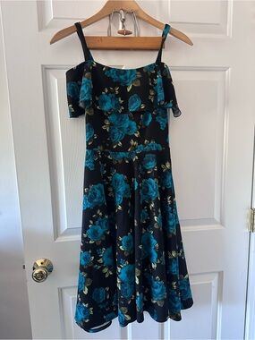 chic Black Midi Dress with Turquoise Floral Print